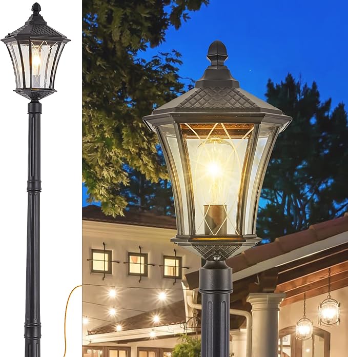 Outdoor Lamp Post Lights with Outlet, Dusk to Dawn Pole Lamp with Patterned Glass, Aluminum Waterproof Outside Street Light with Plug, Hardwired Black Light Pole for Backyard, Garden, Driveway