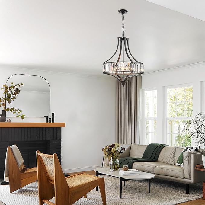Black Crystal Dining Room Light Fixtures Over Table, Modern Farmhouse Chandelier Light Fixture, Round Large Hanging Light for Living Room Kitchen Hallway Bedroom Foyer, 21.6 Inch, 6-Light