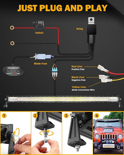 Auxbeam 50Inch LED Straight Light Bar, 6 Modes Amber White Strobe Light, 288W Dual Color Spot Flood Combo Offroad Fog Driving Light Waterproof with Memory Function for Truck Boat Jeep Pickup