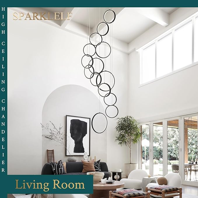 14 Rings Modern LED Chandelier for High Ceiling Dimmable Black Contemporary Foyer Long Chandelier for Entryway, Long Pendant Light Fixture Staircase Dining Living Room, 3000-6500K