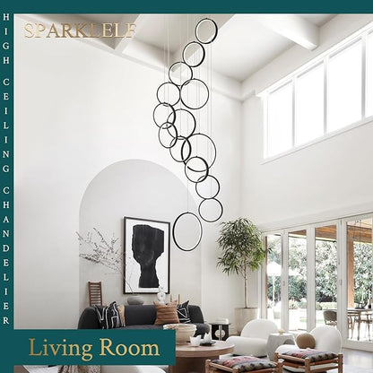 14 Rings Modern LED Chandelier for High Ceiling Dimmable Black Contemporary Foyer Long Chandelier for Entryway, Long Pendant Light Fixture Staircase Dining Living Room, 3000-6500K
