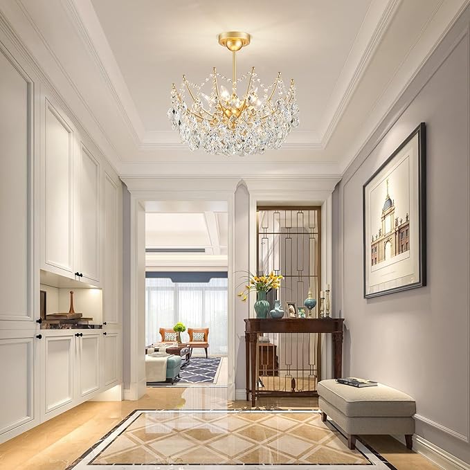 ANJIADENGSHI Crystal Chandelier Ceiling Light, Modern Semi Flush Mount Ceiling Light Fixture, Gold Hallway Lighting Fixtures Chandelier for Bedroom Bathroom Entryway Kitchen