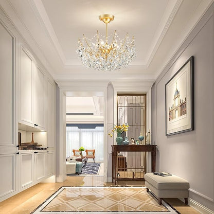 ANJIADENGSHI Crystal Chandelier Ceiling Light, Modern Semi Flush Mount Ceiling Light Fixture, Gold Hallway Lighting Fixtures Chandelier for Bedroom Bathroom Entryway Kitchen
