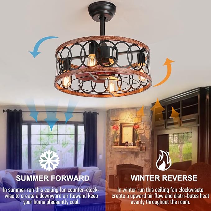 19" Industrial Caged Ceiling Fans with Light 4-Lights Farmhouse Flush Mount Fandelier Walnut Wood Metal Chandelier Fan Remote 6 Wind Speed Reversible for Bedroom Dining/Living Room Kitchen Entry