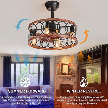 19" Industrial Caged Ceiling Fans with Light 4-Lights Farmhouse Flush Mount Fandelier Walnut Wood Metal Chandelier Fan Remote 6 Wind Speed Reversible for Bedroom Dining/Living Room Kitchen Entry