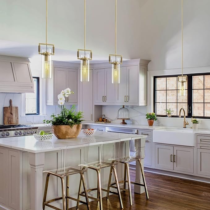 Brass Pendant Lights Kitchen Island, Modern Gold Pendant Lights,12Inch Glass Knurled Kitchen Pendant Lighting Over Island,Farmhouse Island Lights For Kitchen Sink,Bathroom,Bedroom,Included E26 Bulbs