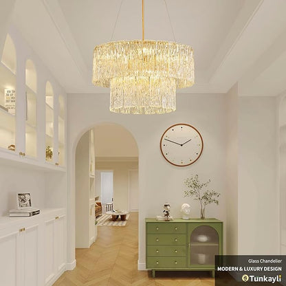 20" Crystal Chandelier Modern Gold Glass Chandeliers 2-Tier Round Elegant Luxury Lighting 6-Light Drum Crystal Chandelier for Dining Room Kitchen Restaurant Foyer Bedroom Living Room