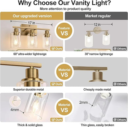 Indoi 3 Light Bathroom Light Fixtures, Brass Vanity Lights for Bathroom with Clear Glass Shades, Modern Bathroom Wall Sconces for Mirror Living Room Cabinet