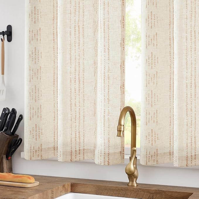 jinchan Boho Kitchen Curtains Linen Tier Curtains 45 Inches Bohemian Cafe Small Drapes Striped Mudcloth Farmhouse for Bathroom RV Camper Light Filtering Rod Pocket 2 Panels Taupe on Beige