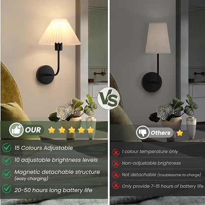 Rechargeable Battery Operated Wall Sconces Sets of 2, 15 Colors Wireless Wall Sconce, Black Wall Lights Fixture with Dimmable Bulbs and Remote, Not Hardwired Wall Mounted Lamps for Bedroom Living Room