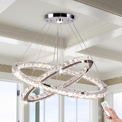 Finktonglan Dimmable Crystal Chandelier, Modern 2 Ring Oval LED Chandelier with Remote & App Control, 23.6"+20" Adjustable Pendant Light, 3 CCT 2500K/4500K/6500K, Kitchen Island Dining Room Bedroom