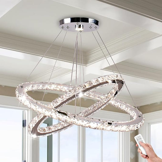 Finktonglan Dimmable Crystal Chandelier, Modern 2 Ring Oval LED Chandelier with Remote & App Control, 23.6"+20" Adjustable Pendant Light, 3 CCT 2500K/4500K/6500K, Kitchen Island Dining Room Bedroom