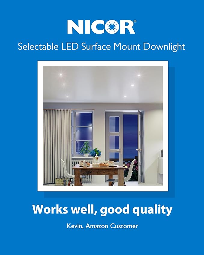 4” Square LED Surface Mount Ceiling Light - Dimmable Ceiling Light for Kitchen - Selectable CCT 2700K-5000K, 617-643 Lumens, 10.7W - DSE Edge-Lit Downlights for Ceiling, White by NICOR Lighting