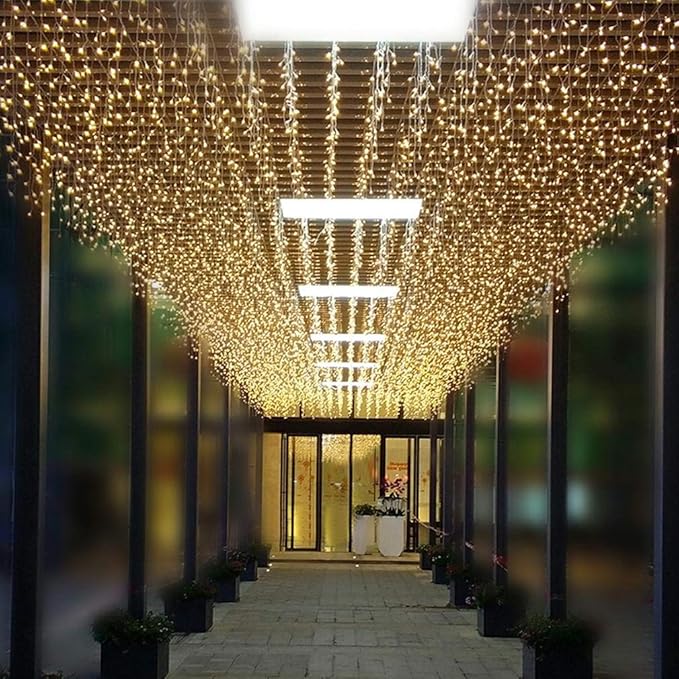 ZIMINGU Icicle Diwali Lights Outdoor, Christmas Hanging Window Curtains Dangling 16.4FT 216LEDs 8 Modes Weeping Willow Ceiling Fairy String Lights, Warm White, 5M