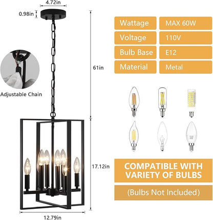 12.79" Black Chandelier 8-Light Modern Farmhouse Chandeliers for Dining Room Light Fixture Rustic Adjustable Pendant Light Fixtures Vintage Chandelier for Foyer Kitchen Entryway Living Room E12