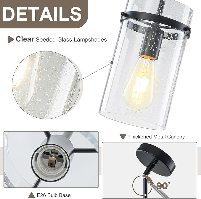 1 Pack Seeded Glass Pendant Lights Kitchen Island, 5.5" Hanging Farmhouse Pendant Light Fixtures, Black Pendant Lighting Island Lights for Kitchen Over Sink Entryway Hallway
