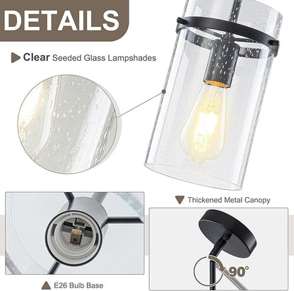 1 Pack Seeded Glass Pendant Lights Kitchen Island, 5.5" Hanging Farmhouse Pendant Light Fixtures, Black Pendant Lighting Island Lights for Kitchen Over Sink Entryway Hallway