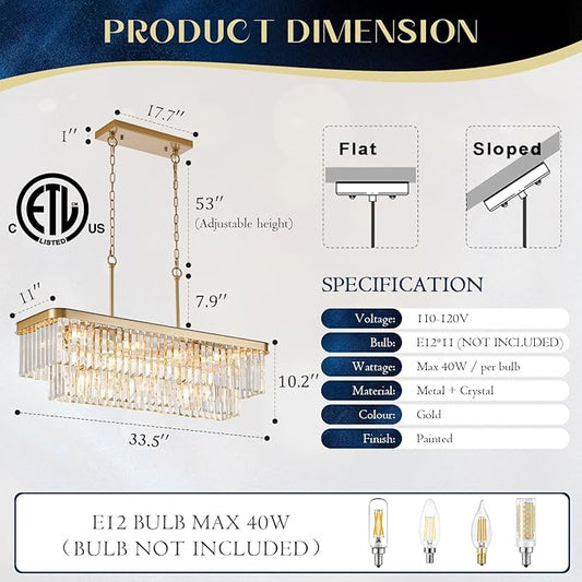 Rectangular Crystal Chandeliers K9 Luxury Gold Chandelier L33.5” Rectangle Linear Pendant Light Fixtures 11 Lights Contemporary for Kitchen Island Dining Room Living Room Bar