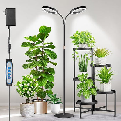 Aumtrly Large Plant Light for Indoor Plants, 2 Head Full Spectrum Grow Light with 68" Adjustable Stand for Growing Large Tall Plants, Black Halo Floor LED Grow Lamp with 16 Hour Timer