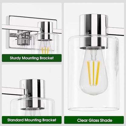 3-Light Modern Vanity Light Fixtures Over Mirror, Polished Chrome Bathroom Light Fixtures, Vanity Lights, Wall Sconce with Clear Glass Shade for Bathroom, E26 Base