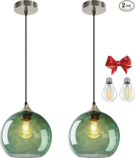 9.1in Large Green Glass Pendant Light for Kitchen Island, 2-Pack with Extra LED Bulbs & 4.92ft Adjustable Cord | Modern Minimalist Lighting for Dining Room, Living Room, Entryway