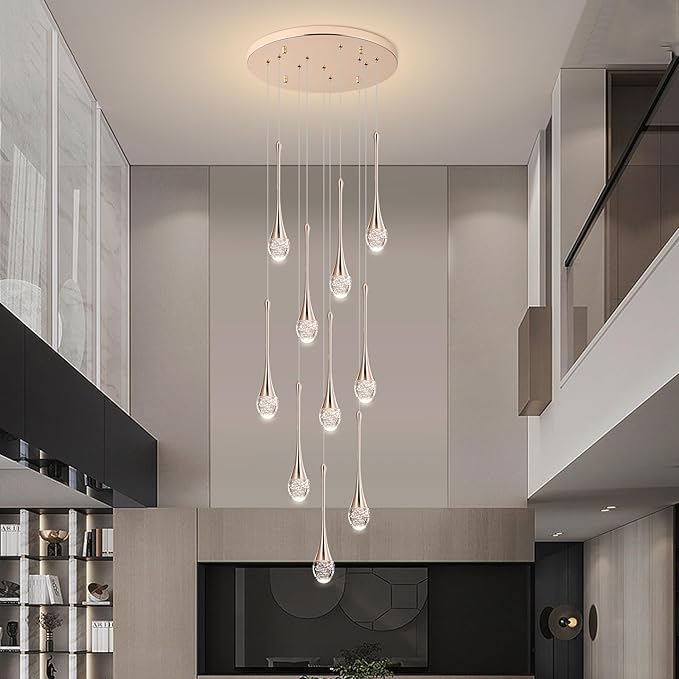 Modern Crystal Chandelier 9-Lights Gold, H98.5'' High Ceiling Spiral Dimmable LED Bubble Crystal Raindrop Light Fixture for Foyer Entryway Dining Room Remote Control