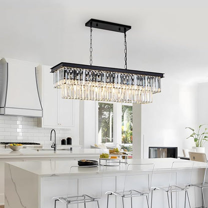 Black Crystal Chandelier for Dining Room Light Fixture Rectangle Modern Farmhouse Chandelier Contemporary Pendant for Kitchen Island Living Room Long Chandelier Rectangular Lighting