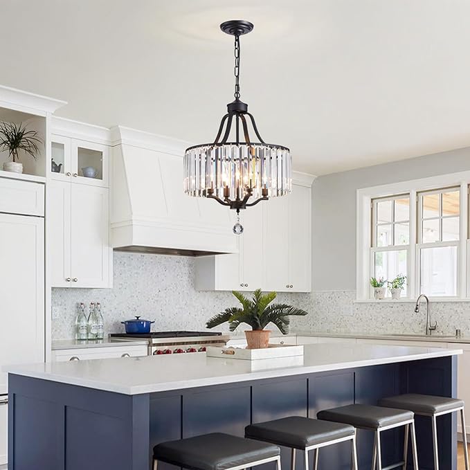 Black Crystal Chandeliers for Dining Room, 4-Light Modern Round Chandeliers 15.7" for Living Room Kitchen Hallway Bedroom Foyer Hall, Adjustable Height Hanging Light Fixture