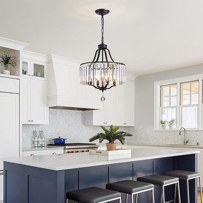 Black Crystal Chandeliers for Dining Room, 4-Light Modern Round Chandeliers 15.7" for Living Room Kitchen Hallway Bedroom Foyer Hall, Adjustable Height Hanging Light Fixture