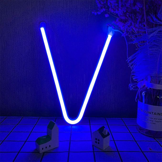 ENUOLI LED Letter Neon Sign Blue Letter Sign 26 Alphabet A - Z Neon Light LED Night Lights for DIY Your Name USB and Battery Powered Lights Wall Decor for Wedding Birthday Christmas Party Bedroom (V)