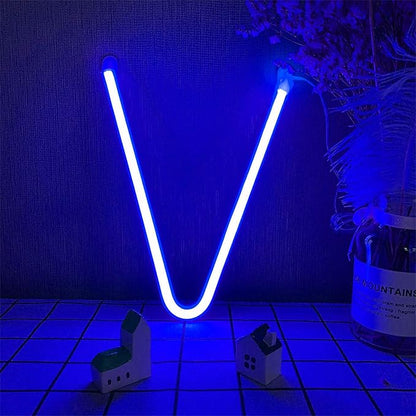 ENUOLI LED Letter Neon Sign Blue Letter Sign 26 Alphabet A - Z Neon Light LED Night Lights for DIY Your Name USB and Battery Powered Lights Wall Decor for Wedding Birthday Christmas Party Bedroom (V)