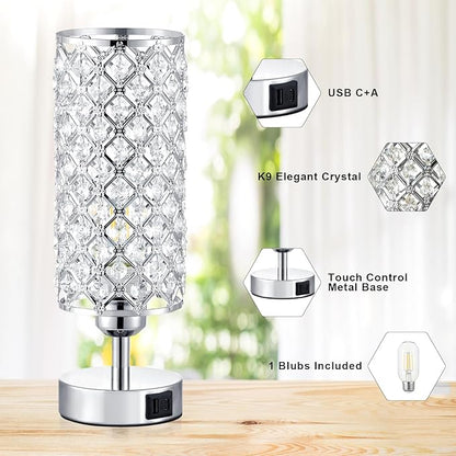 Crystal Touch Lamp with Touch Control, Sliver Table Lamp with USB-C+A Ports, 3 Way Dimmable Bedside Lamp Decorative Modern Nightstand Lamp, Bedroom Light for Living Room Side Table(Bulb Included)