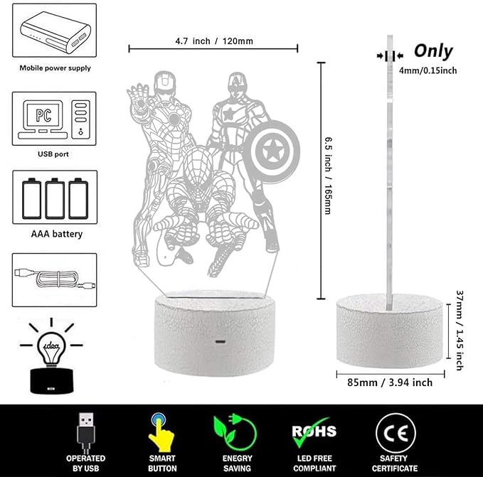 Boys Toys Night Light for Kids, 3D Illusion Lamp Touch Control Dynamic Colors Changing with 3 Pattern Kids Toys Christmas Gifts for Men Boys
