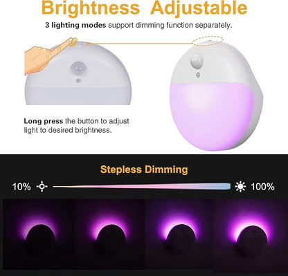 YUNLEX 2 Pack Purple Battery Night Light, Motion Activated Night Light, 2.6" Small Sticky Lights, 3 Light Modes, Dimmable Calming Glow for Meditation, Relaxation, Bathroom, Bedroom, Travel, Violet