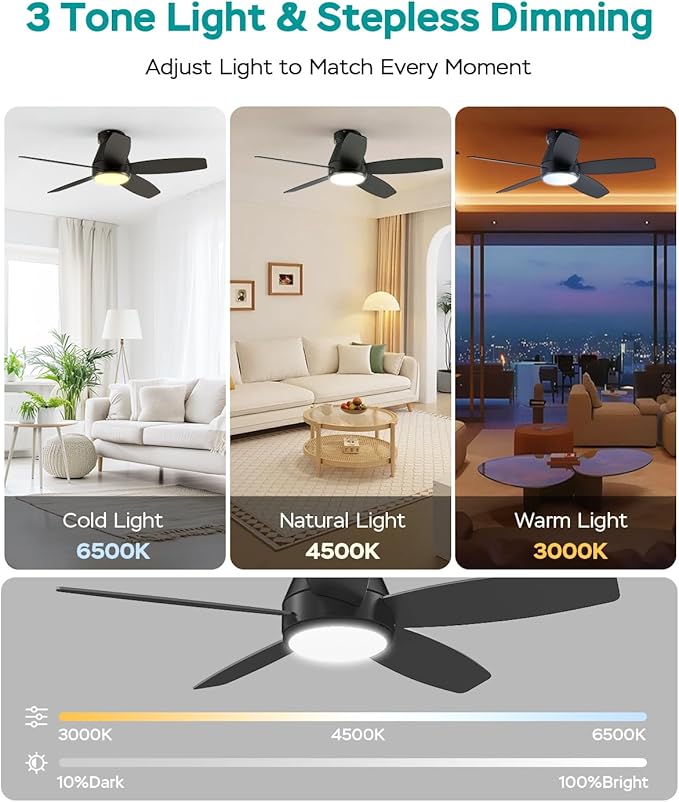 42 Inch Ceiling Fans with Lights, Quiet Reversible Fan with Remote & APP Control, 6-Speed, 3 Color Temperatures Dimmable LED, DC Motor, Low Profile Ceiling Fan for Bedroom Living Room, Black
