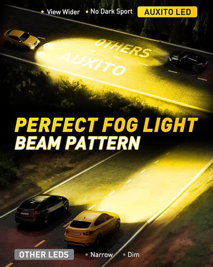 AUXITO H3 LED Bulb Yellow 3000K, 16,000LM 600% Super Brighter, 10 Years Lifespan, 1:1 Size Plug-n-Play, 100% Perfect Installation, H3 LED Fog Lighr Bulb for Fog Lamp, DRL, Canbus Ready, Pack of 2