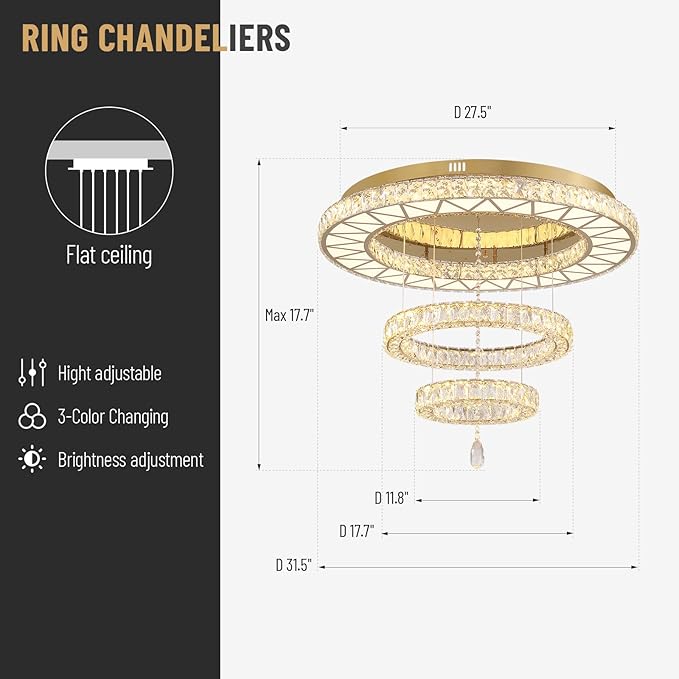Siljoy 32" Gold Crystal Chandeliers, 3 Rings LED Flush Mount Ceiling Light, Dimmable Foyer Chandeliers for Living Room Dining Room Staircase, D12-18-32"