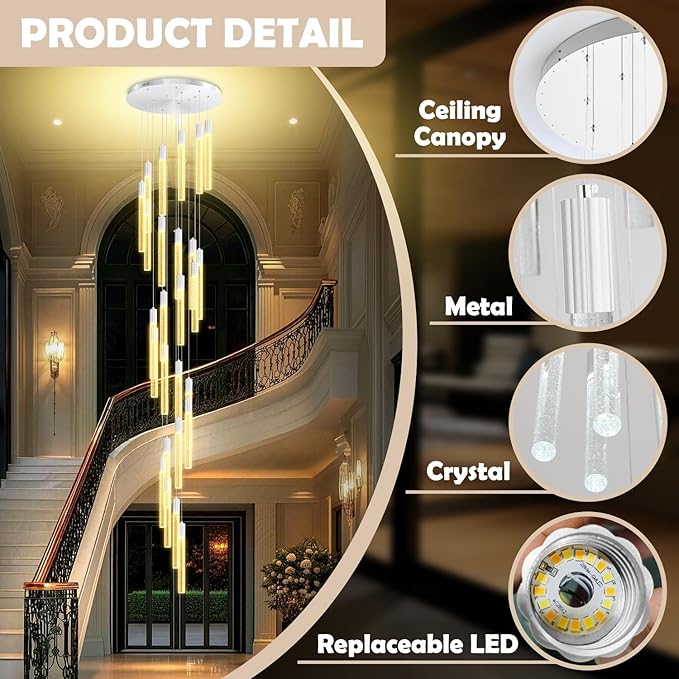 12FT High Ceiling LED Crystal Chandelier 26-Lights Modern Dimmable Pendant Lighting for Entryway Living Room Dining Room Staircase Foyer Long Hanging Polished Chrome Glam
