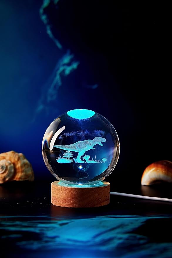 Dinosaur Crystal Ball Lamp, 3D K9 T-Rex, 3.15in USB Powered, 16 Colors Change, Remote Control, Night Light with Wooden Base, Gift Box