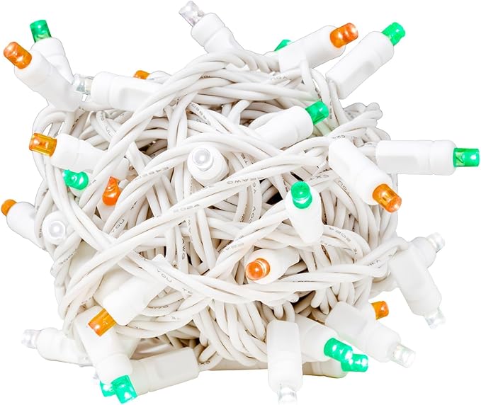 Novelty Lights 25ft Christmas String Lights, 50 Green/Pure White/Orange LED Bulbs on White Wire, 6" Spacing, Connectable Indoor Outdoor Commercial Grade Lighting for Holidays Patio Weddings
