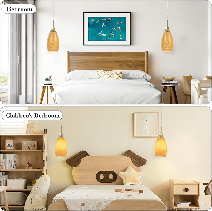 Viinew Mini Glass Pendant Light 4.72" Walnut Wood Grain Pendant Lights 3-Pack Handblown Art Oval Glass Hanging Pendant Light for Kitchen Island Dining Room Living Foyer Hallway Entry Brushed Gold