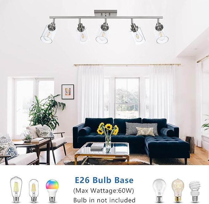 MELUCEE 5 Light Bathroom Light Fixtures Multi-Directional Rotating Track Lighting Kit Brushed Nickel, 37 Inch Ceiling Spotlight Fixture for Kitchen Foyer Bath, Clear Glass Shade