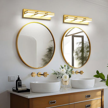 Modern LED Small Bathroom Lights Fixtures 3-Light,Metal Gold Acrylic Wall Lighting,Vanity Lights for Bathroom Over Mirror 6000k 16in