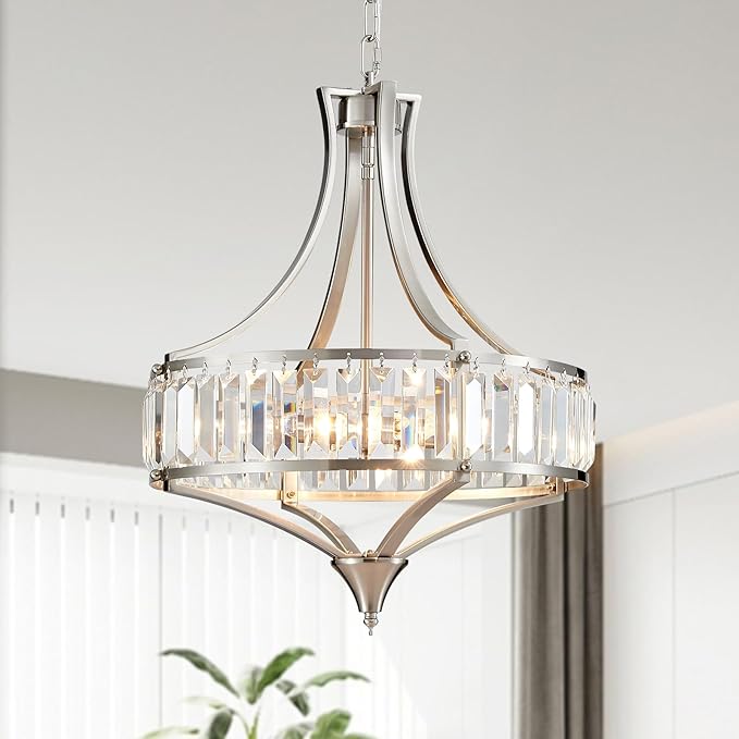Modern Crystal Chandelier Brushed Nickel, Round Pendant Lighting Fixtures, 15.7" Height Adjustable Farmhouse Ceiling Light for Living Room, Kitchen Island, Dining Room