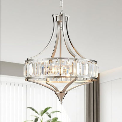 Modern Crystal Chandelier Brushed Nickel, Round Pendant Lighting Fixtures, 15.7" Height Adjustable Farmhouse Ceiling Light for Living Room, Kitchen Island, Dining Room