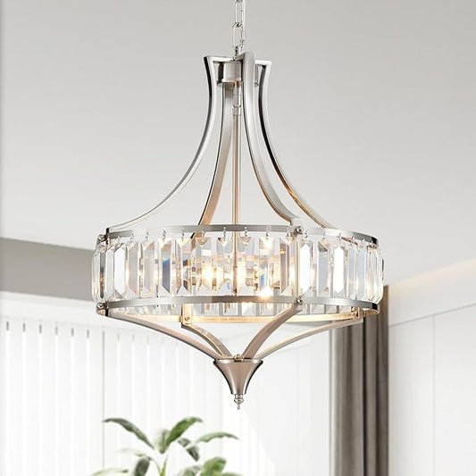 Modern Crystal Chandelier Brushed Nickel, Round Pendant Lighting Fixtures, 15.7" Height Adjustable Farmhouse Ceiling Light for Living Room, Kitchen Island, Dining Room