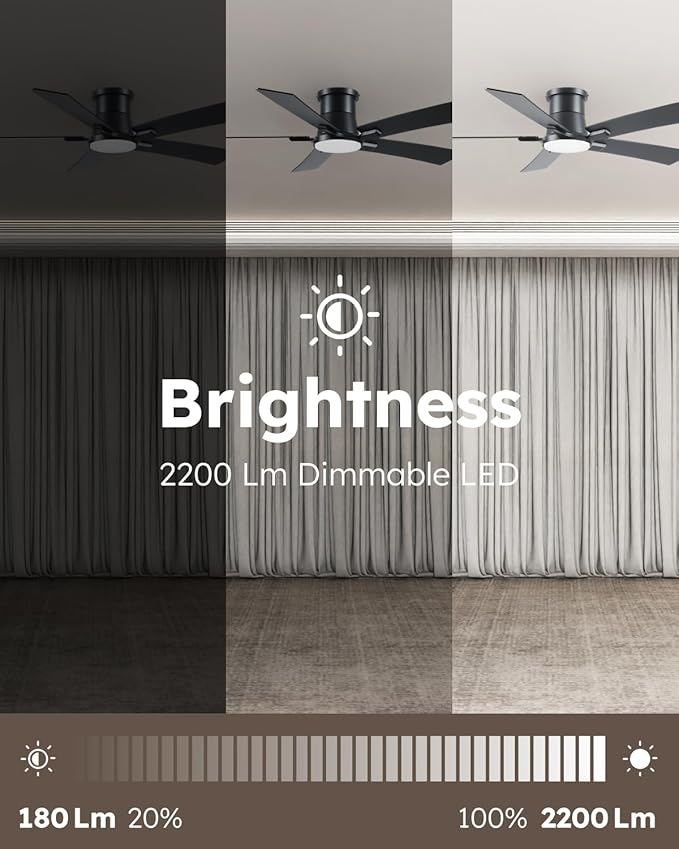 52 Inch Ceiling Fans with Lights and Remote, Black Low Profile Ceiling Fan, Flush Mount Style with 5 Blades, For Indoor Bedroom Living Room/Outdoor, 6 Speed Reversible DC Motor, 3CCT Dimmable LED