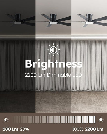 52 Inch Ceiling Fans with Lights and Remote, Black Low Profile Ceiling Fan, Flush Mount Style with 5 Blades, For Indoor Bedroom Living Room/Outdoor, 6 Speed Reversible DC Motor, 3CCT Dimmable LED