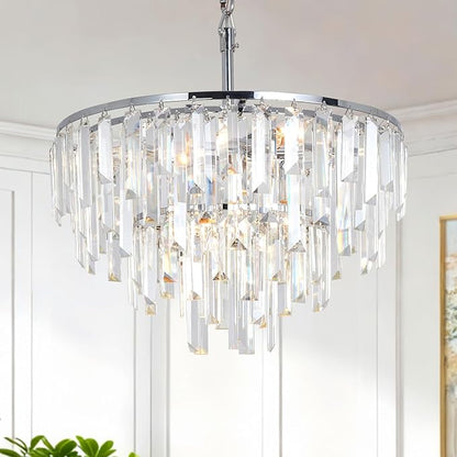 Modern Chrome Crystal Chandelier, 18" Round Chandeliers for Dining Room 4-Tier 6 Lights Luxury Top K9 Crystal Ceiling Pendant Light Fixture for Foyer Bedroom Closet