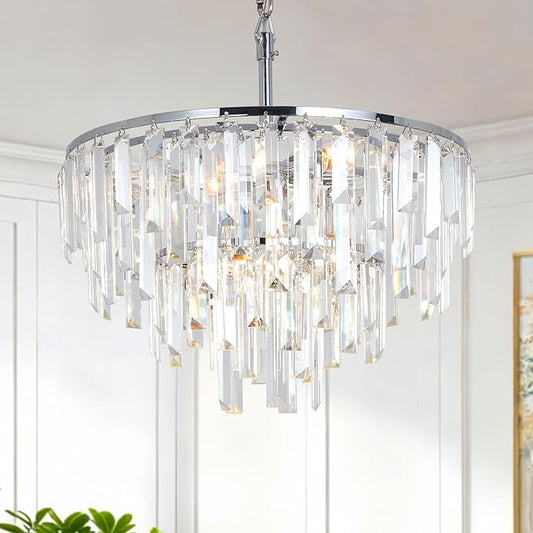 Modern Chrome Crystal Chandelier, 18" Round Chandeliers for Dining Room 4-Tier 6 Lights Luxury Top K9 Crystal Ceiling Pendant Light Fixture for Foyer Bedroom Closet